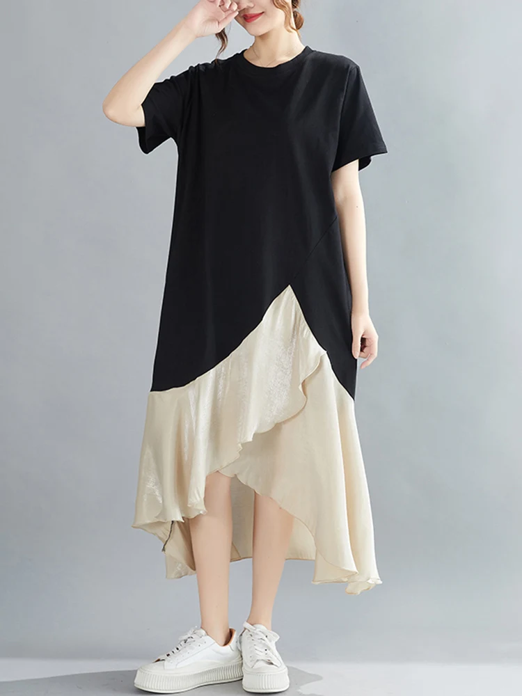 

Женское длинное платье с коротким рукавом, повседневное свободное платье составного кроя с асимметричным подолом популярных цветов, Модна...