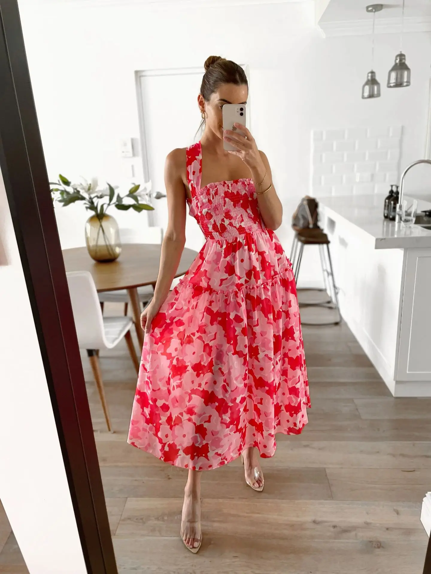 

Pleated halter dress Backless Elastic Red Long Elegant Summer wearing for women vestido feminino