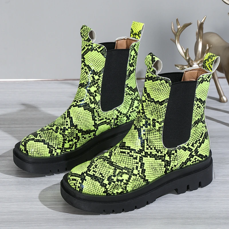 STRONGSHEN Women Leather Chelsea Boots Slip on Platform Shoes Men Fashion Colourful Ankle Boots Short Chunky Punk Shoes