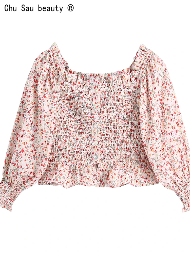 

2022 Summer New Fashion Sweet Cottagecore French Vintage Square Collar Puff Sleeve Folds Elastic Floral Print Shirt Women