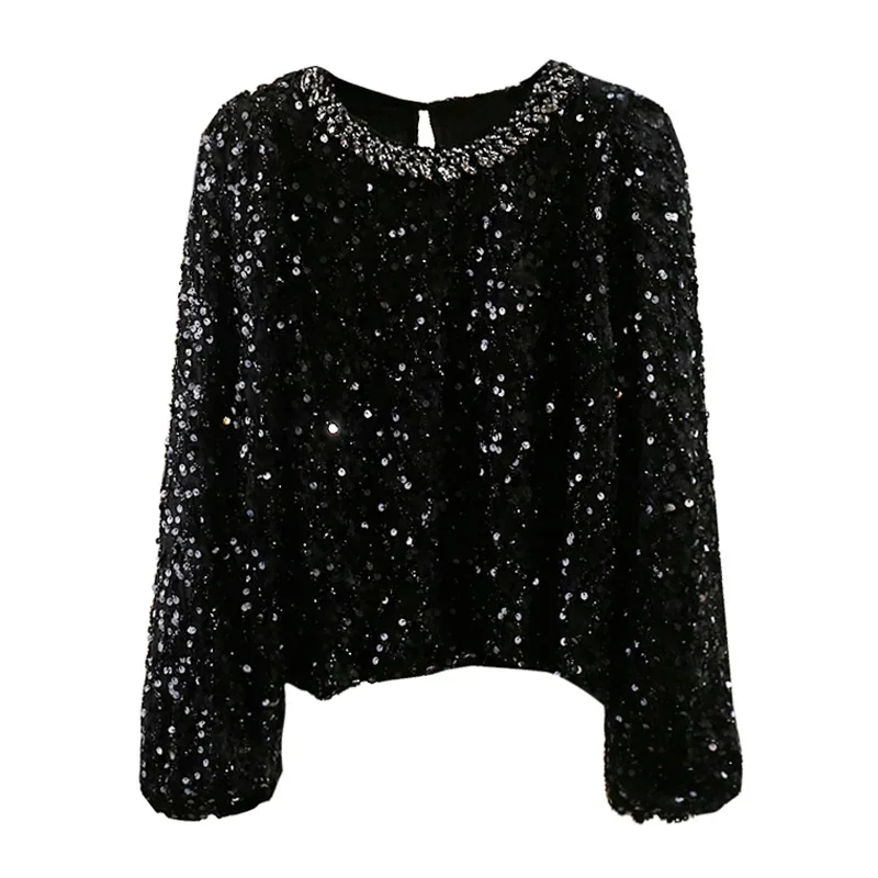 Модная изысканная рубашка с рукавами-фонариками и блестками офисная женская