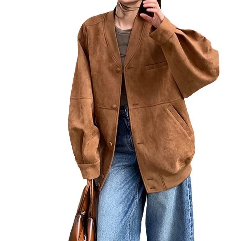 Винтажная повседневная куртка свободного кроя из замши топ для женщин осенний