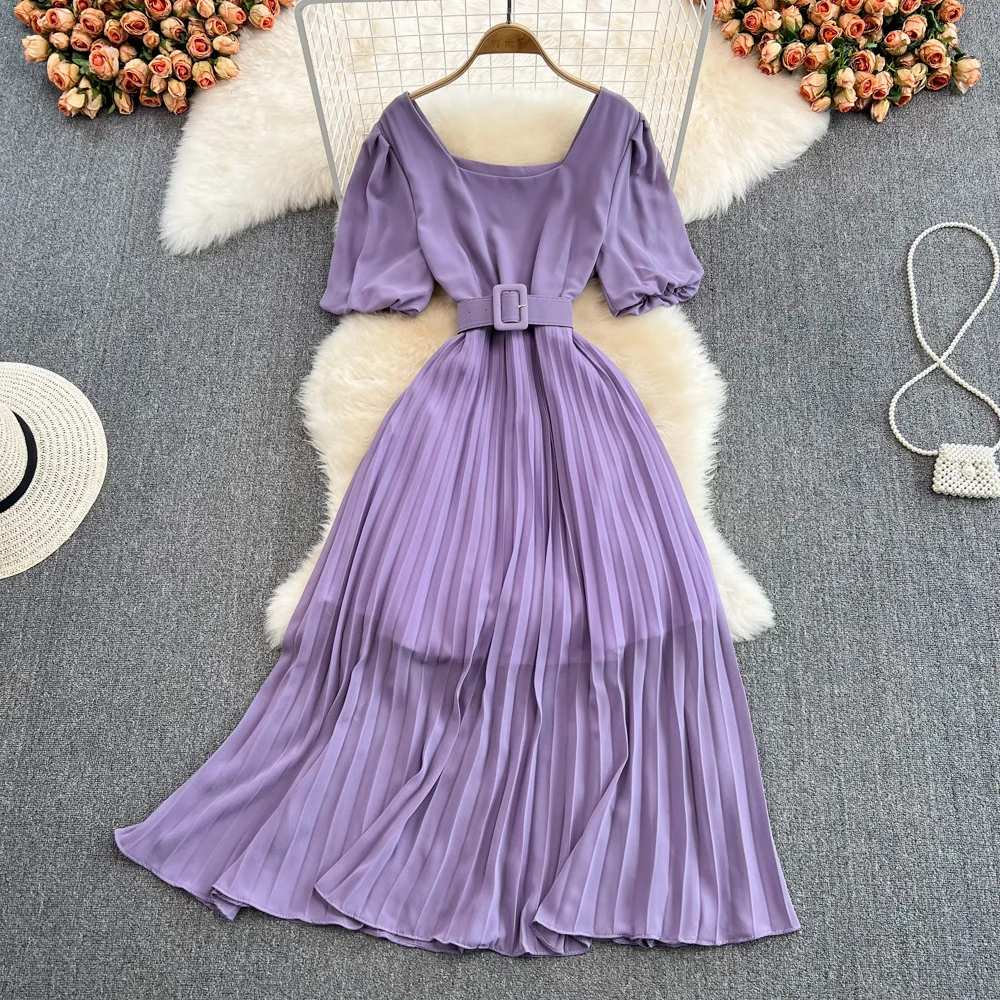 2022 Women Casual Dress Summer Slim Waist Thin Backless Pleated Holiday Style Large Swing Mid-calf A-LINE Casual Square Collar