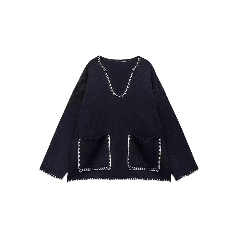 

Zach AiIsa Высококачественный новый осенне-зимний Универсальный женский свободный декоративный свитер с V-образным вырезом