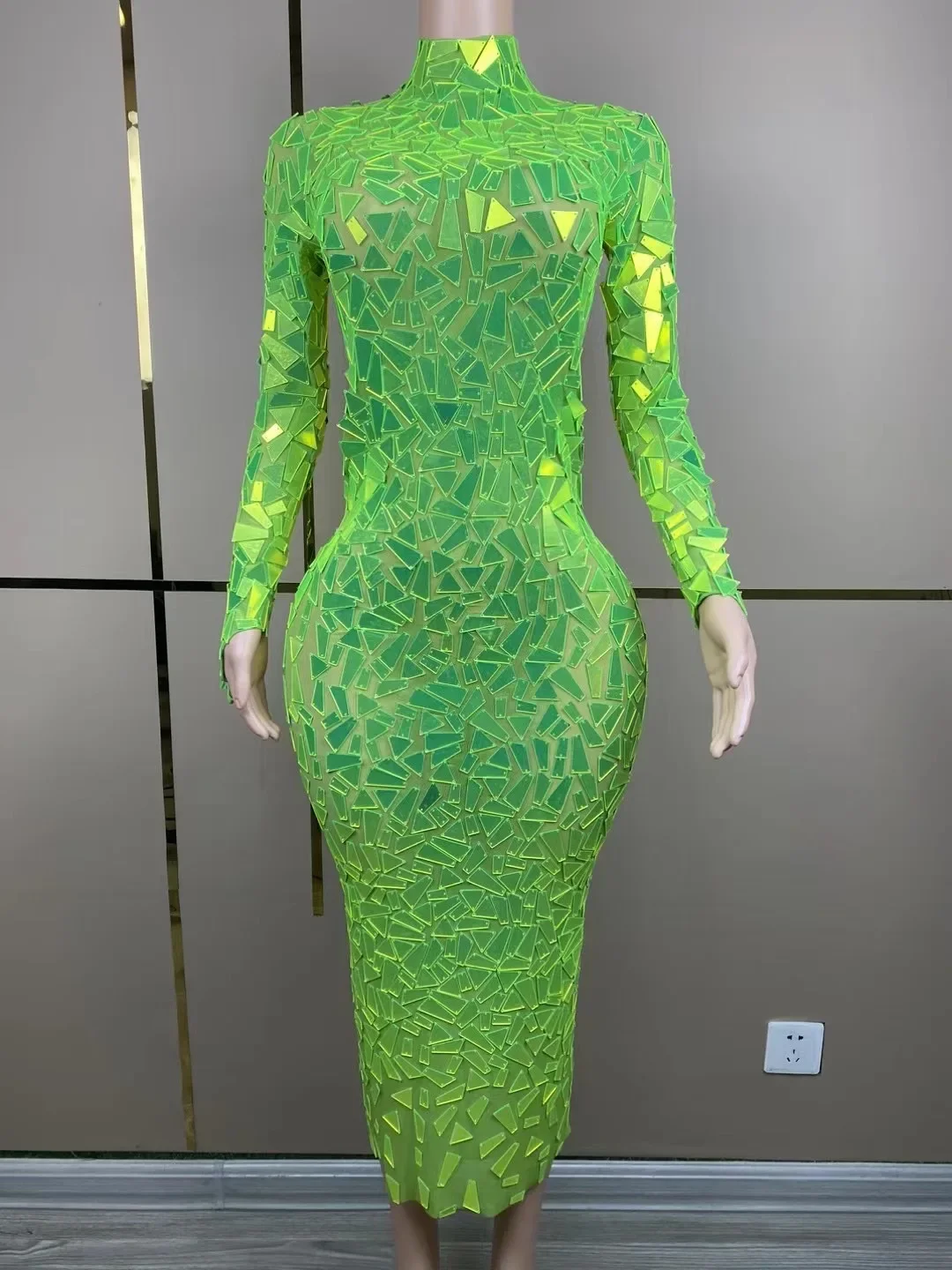 

Дизайнерское неоново-зеленое прозрачное Сетчатое платье с зеркалами, вечерний костюм для празднования дня рождения, костюм для выступления, танцевальный наряд, сексуальное платье