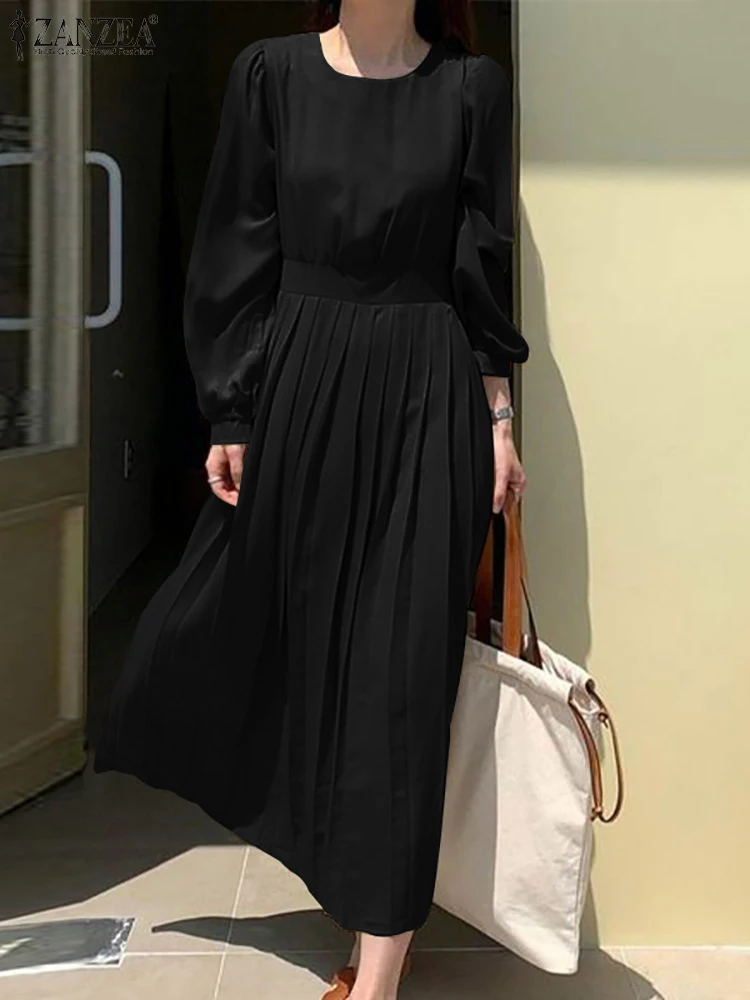 

ZANZEA Oversized Elegant Dress Puff Sleeve O-Neck Solid Color Mid-Calf Length Vestido Autumn Female Causal Holiday Loose Robe