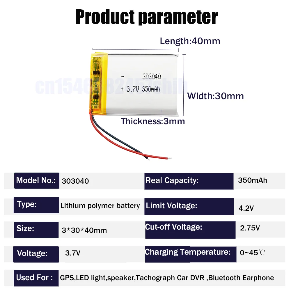 1/2pcs 3.7V 350mAh 303040 033040 Lithium Polymer Rechargeable Battery For MP3 Watch GPS Navigation Reading Pen Bluetooth Headset