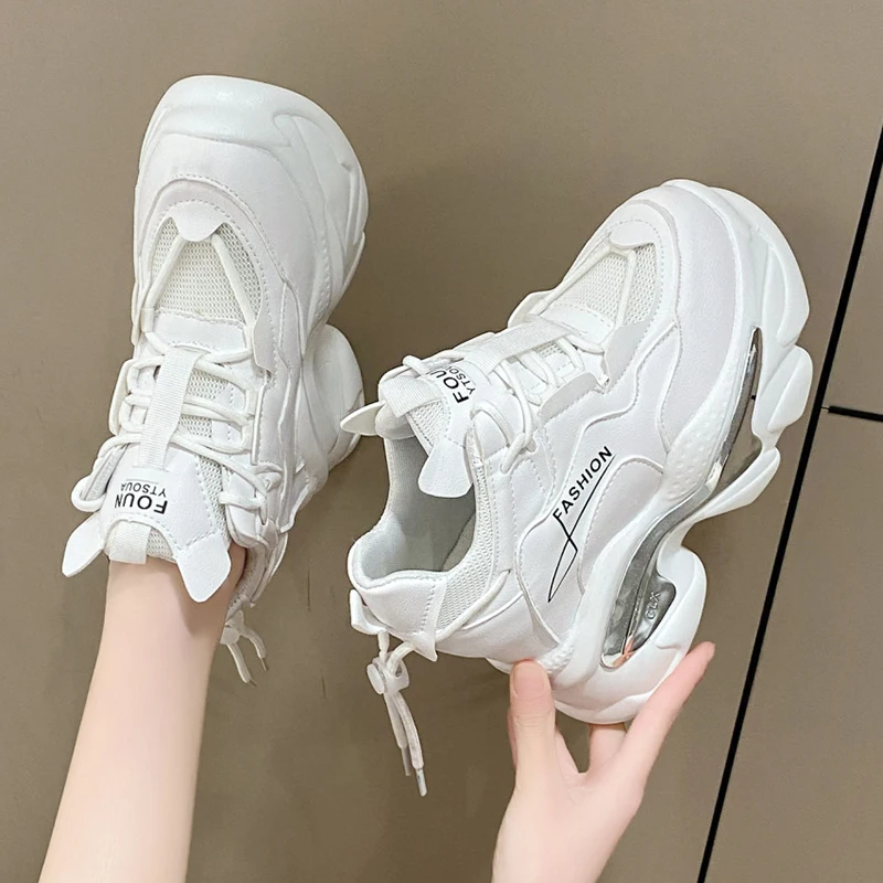 

Hidden Heels White Sneakers for Women Spring 2023 Chunky Platform Women's Sports Shoes Fashion Thick Bottom PU Leather Sneakers