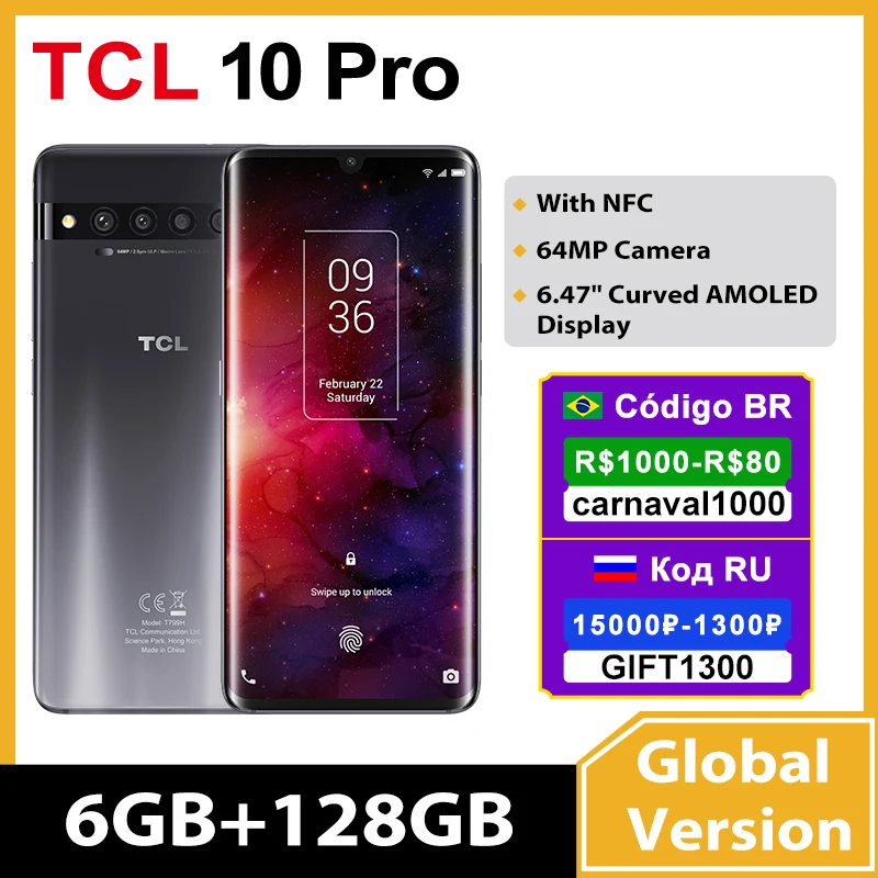 

Оригинальный смартфон TCL 10 Pro, 6 ГБ/128 ГБ, NFC, камера 64 мп, Snapdragon675, изогнутый AMOLED-экран 6,47 дюйма, Android 10, аккумулятор 4500 мАч