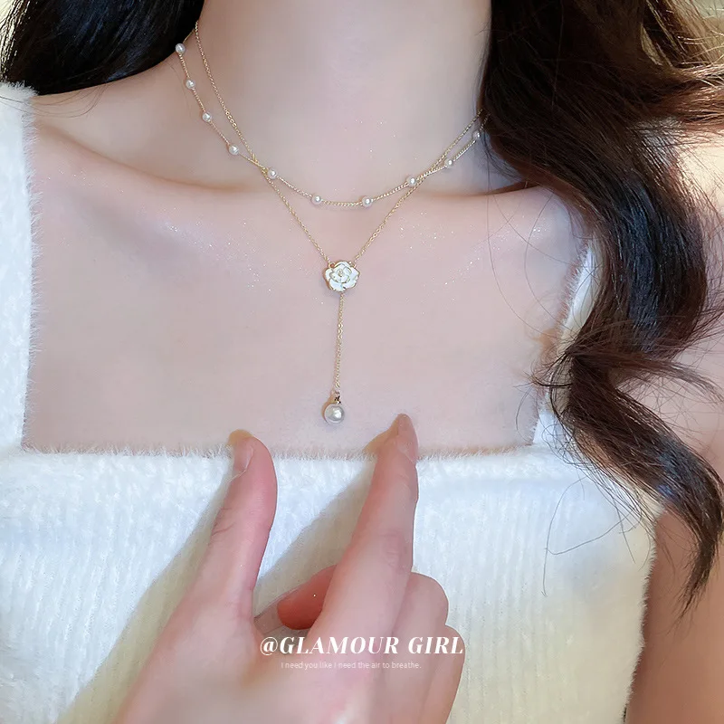

Luxury Chic Gold Pearl Double Layer White Flower Pendant Necklace for Women Trendy Elegant Daily Party Necklace Y2K Kpop Jewelry