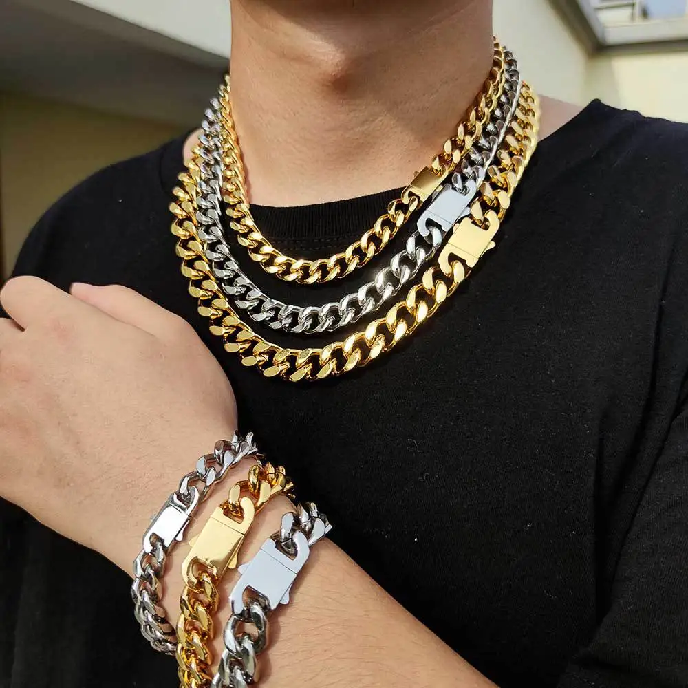 

8-16mm Curb Cuban Link Chain Necklaces For Men Women Miami Chain Bracelets Gold Choker 316L Stainless Steel Hip Hop Jewelry