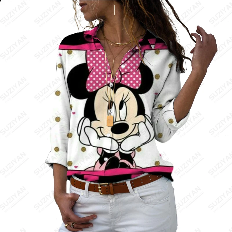 

New Women's Long Sleeve Shirt Elegant Temperament Minnie Cute 3D Printing Women's Button Open Front Street Loose Chiffon Shirt