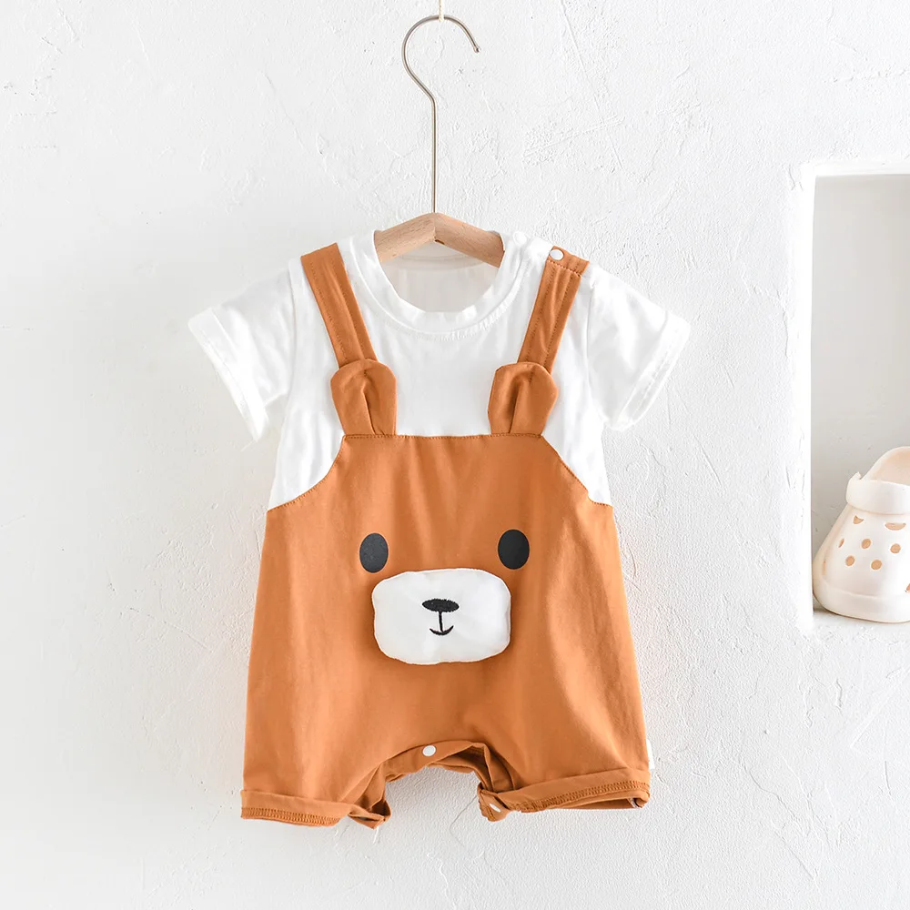 

Baby Boy Cute Bear Fake Two Patchwork Short Sleeves Jumpsuit Toddler Girl Fashion Cotton Overalls Romper Infant Outfits