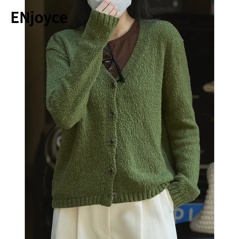 Autumn Retro Green Texture Handmade Knitted Sweater Women Japanese Loose Style Single Breasted Cardigans Ladies Knit Coats