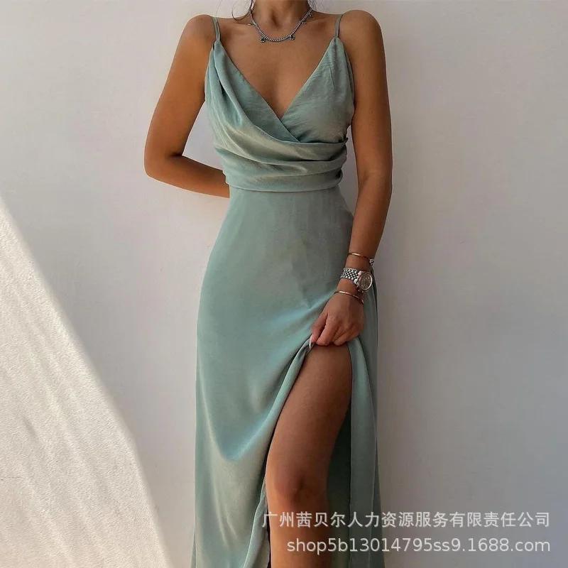 

Women's Dress Summer Sexy Solid Color Gradient Color Slim Dress Women's Fashion Pleated Spaghetti Strap Slit Irregular Dress