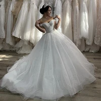 2022 new beautiful pearls wedding dresses sexy sweetheart off the shoulder court train pearl tulle wedding dresses lace up back