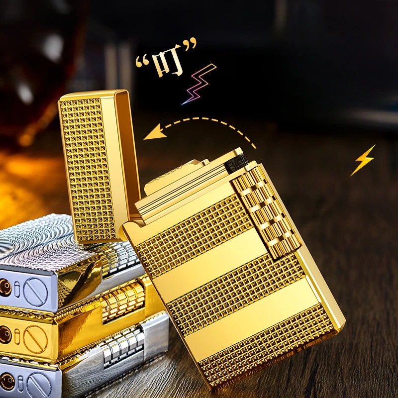 Фото Латунная бутановая газовая зажигалка с открытым пламенем, латунная откидная боковая зажигалка, классическая сталь в стиле ретро, громкий звуковой узор, мужской подарок, элитный, новый №3
