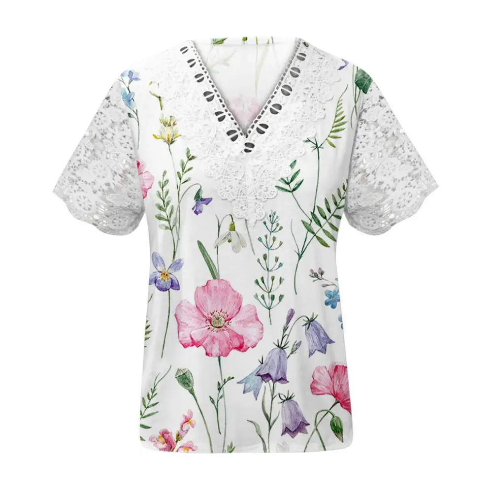 

Summer Tops Crochet Lace Stitching Tee Tops Vivid Floral Leaves Print Women Tops