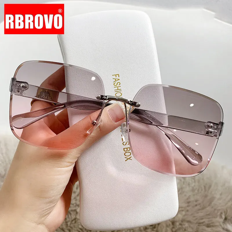 

RBROVO 2023 Rimless Retro Sunglasses Women Oversized Luxury Eyewear Women/Men Square Glasses Women UV400 Gafas De Sol Mujer