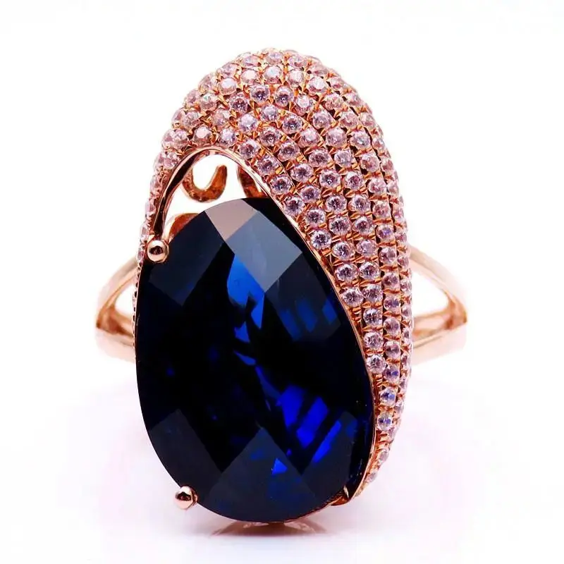 

Russian Purple Gold Inlaid Blue Stone Ring Female Full Diamond Luxury Elegant Graceful Noble Rose Gold Adjustable Ring
