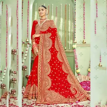 Indian Traditional Saree Wedding Dress Women Clothes Pakistani Red Sari Luxury Rhinestone Embroidery Suit Shiny