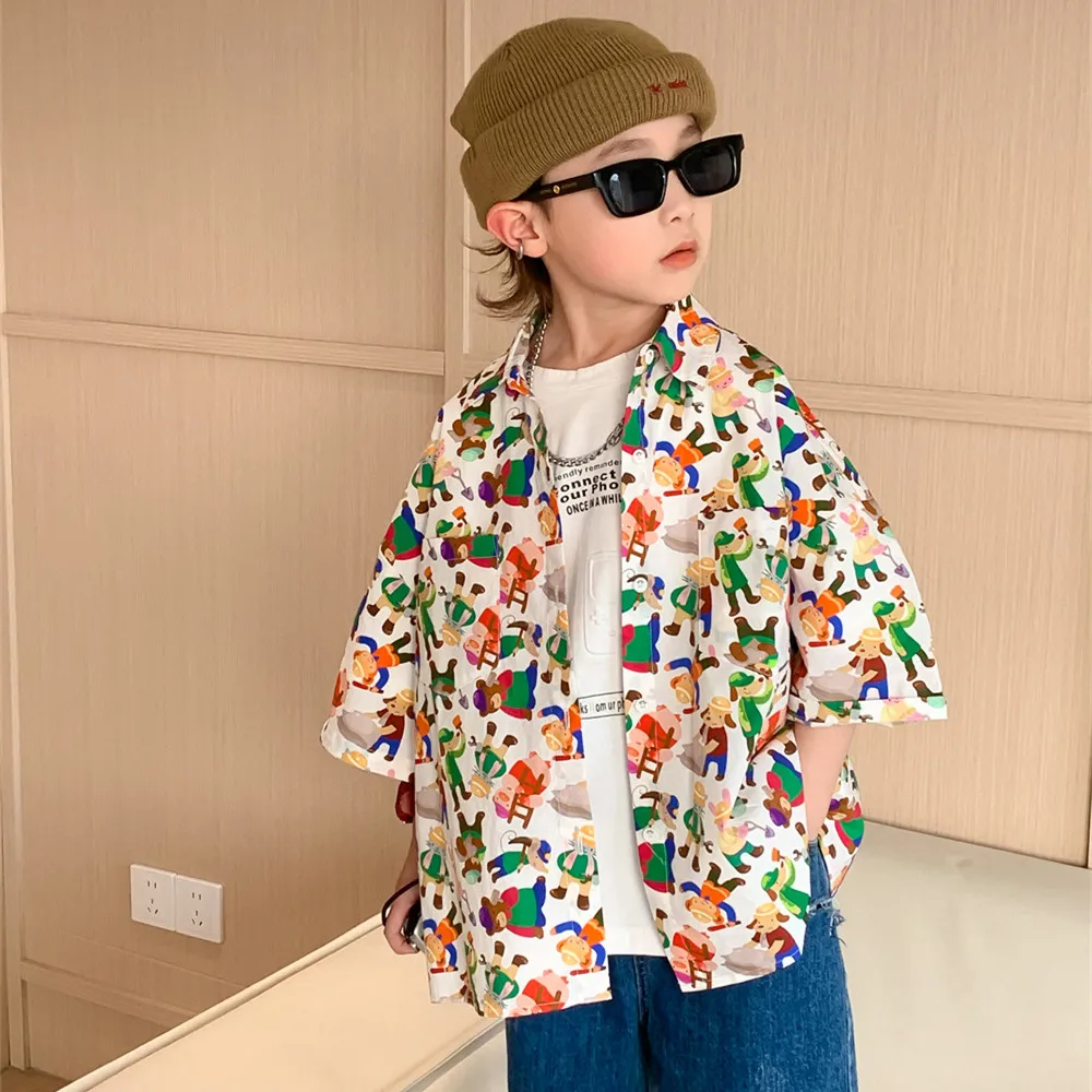 

2023 Spring Boys cartoon printed cotton shirt Children casual half sleeve sunscreen Tops