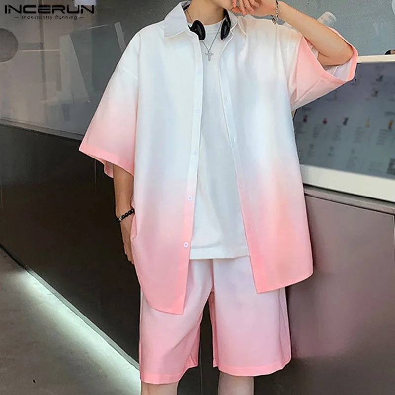 INCERUN 2024 Модные мужские комплекты в Корейском стиле рубашка с коротким рукавом и