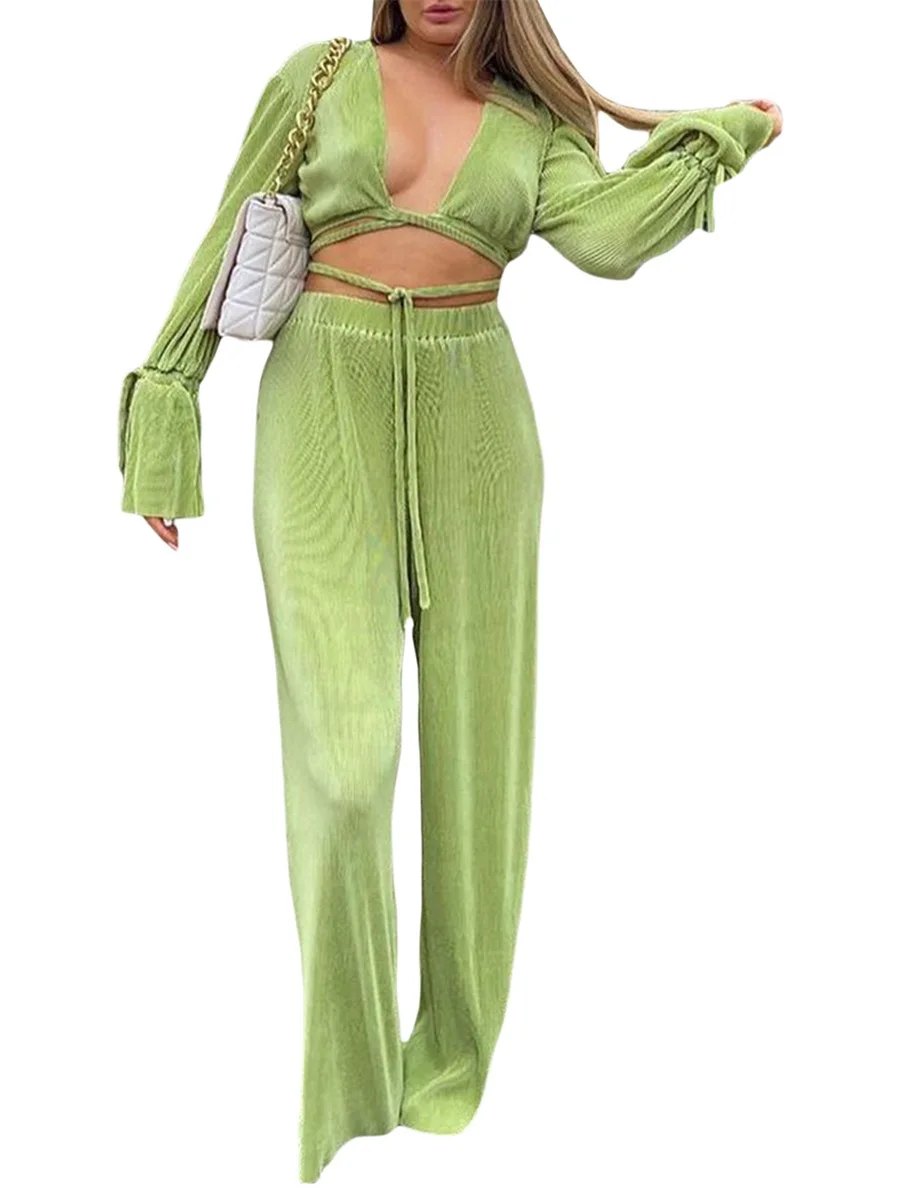 

Pants Sets Women 2 Piece Outfits Long Sleeve Shirt Wide Leg Pleated Pants Ruffle Knitted Loose Set
