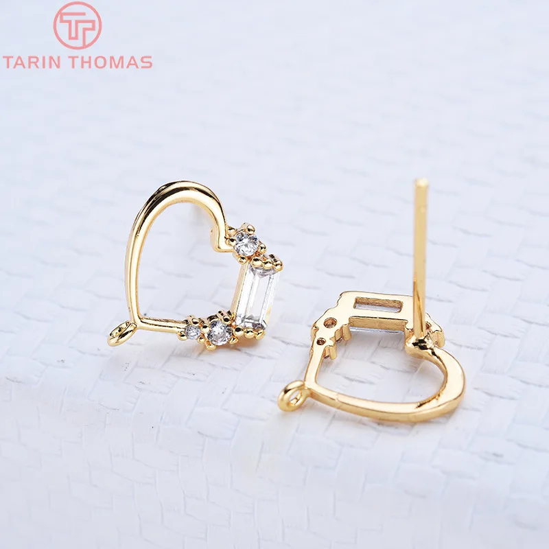 Серьги-гвоздики в форме сердца из латуни с цирконом 4 шт