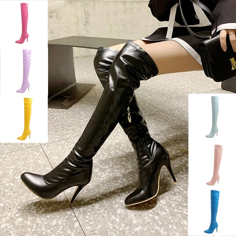 

Largest Size 47 48 Women's Sexy Thin Stiletto High Heeled Over-the-Knee Boots Ladies Pointy Toe Shiny PU Leather Thigh Boot Shoe