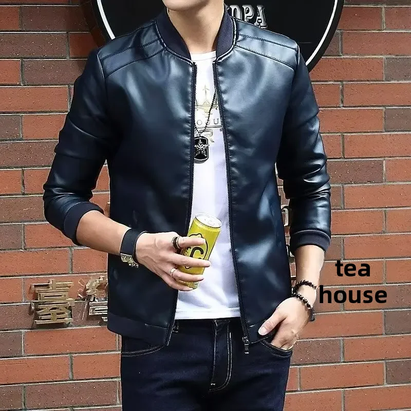 Мужская кожаная куртка укороченная мотоциклетная из искусственной кожи