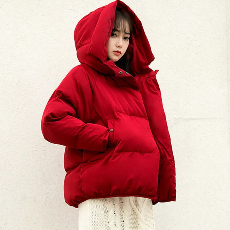 Women Warm Solid Thick Down Jacket Cotton Padded Winter Hooded Parkas Female Coats Casual Fashion Student Loose Outwear New Snow