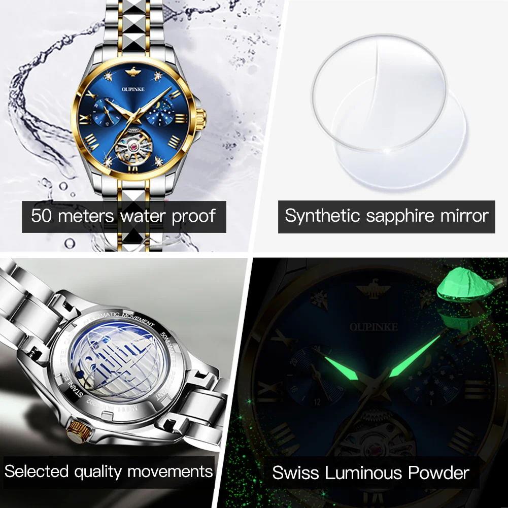 OUPINKE Luxury Watches for Women Automatic Mechanical Sapphire Waterproof Hollow Top Brand Watch Girls Ladies Bracelet Gift Set