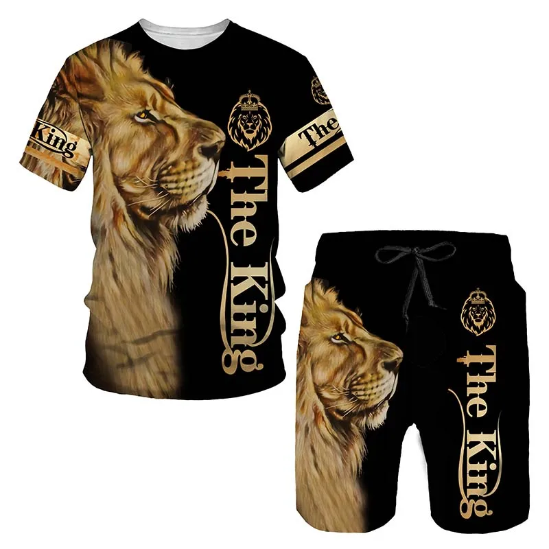 Men's Animal Tshirt Lion King Short Sleeve T-Shirt The Lion 3D Printed O-Neck Tees&Shorts Suit Casual Sportwear Tracksuit Set