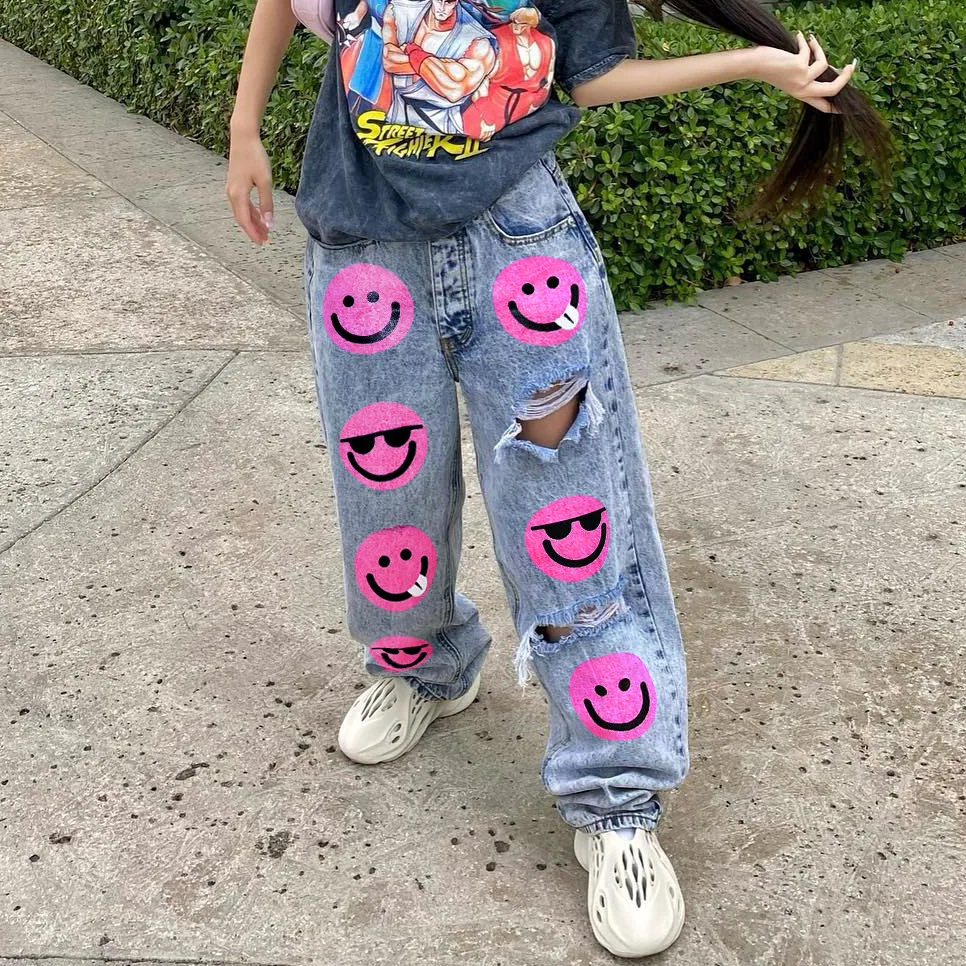 Стильная женская одежда новинка 2024 женские джинсы с дырками и принтом