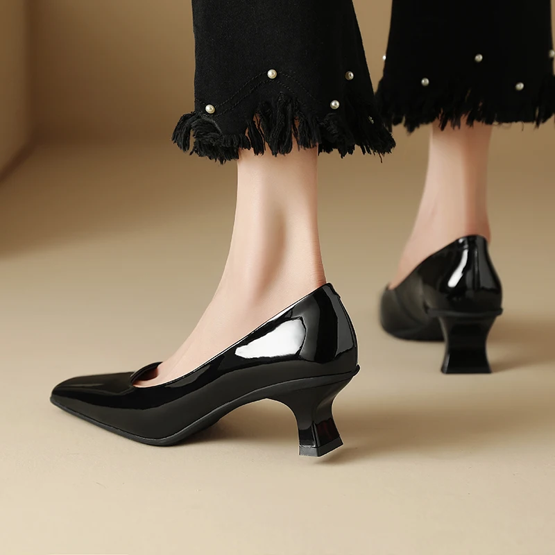 Green spring and autumn square-headed women's shoes cow leather patent leather simple high-heeled women's shoes with thick heels