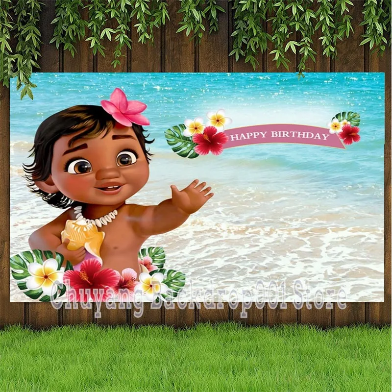 

Baby Moana Photo Backdrop Girls Princess Newborn Happy Birthday Party Cartoon Vaiana Decoration Photography Backgrounds Banner