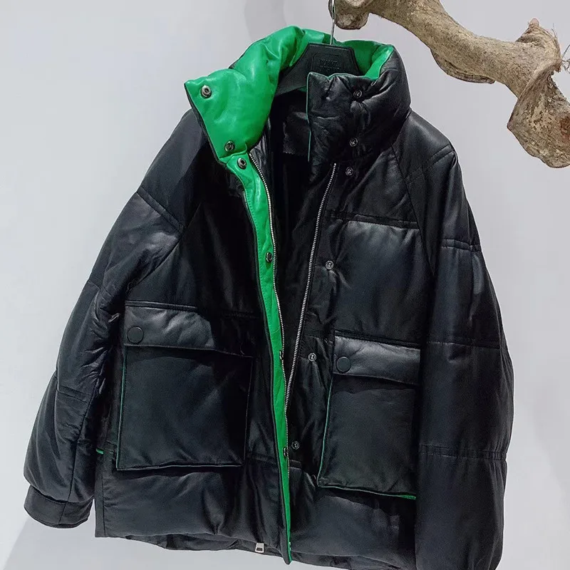 Leather Jacket Winter Women's Sheepskin Goose Down Jacket Female Warmer Short Leather Down Sheep Skin Stand Collar Bread Outwear