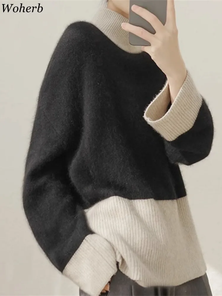 Пуловеры контрастных цветов женская одежда повседневный джемпер с полувысоким
