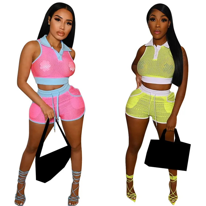 

WUHE Women Hollow Out Fishnet Sleeveless Tops Shorts Matching Set Summer Skinny Beach Cover-Up Set Sexy Club Wear Rave Outfits