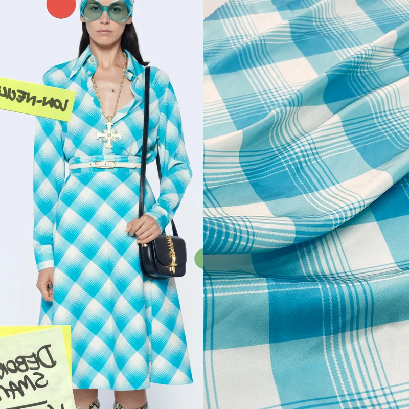

Модная эластичная атласная ткань с принтом для платья, синяя клетчатая женская одежда на заказ, материал для шитья