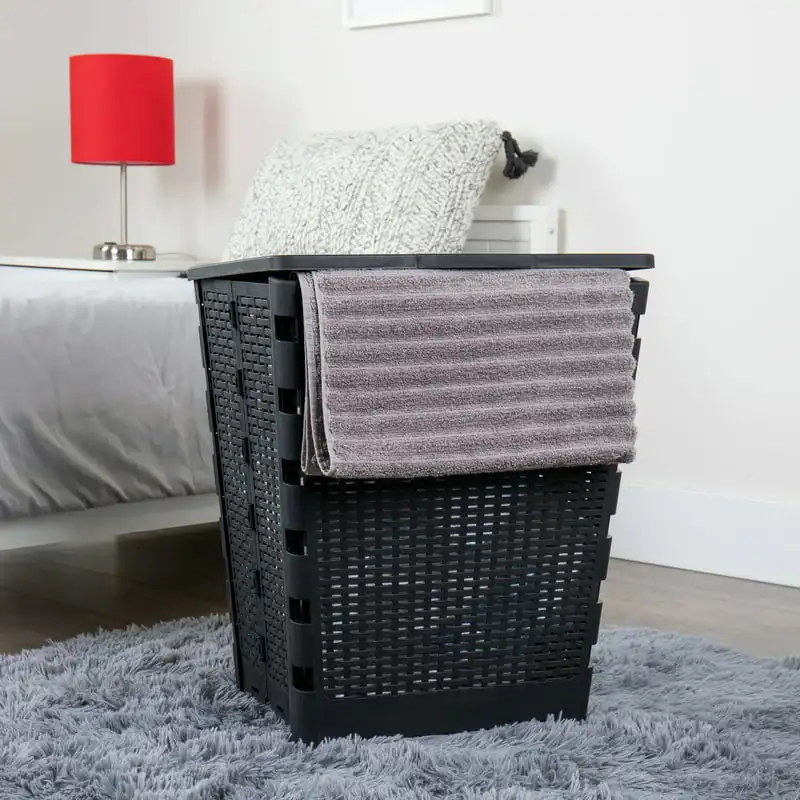 

Basket Collection, Foldable Laundry Hamper, 61 Liter (10kg/22lbs) Capacity, Cut Out Handles, Attached Hinged Lid, Ventilated, Bl