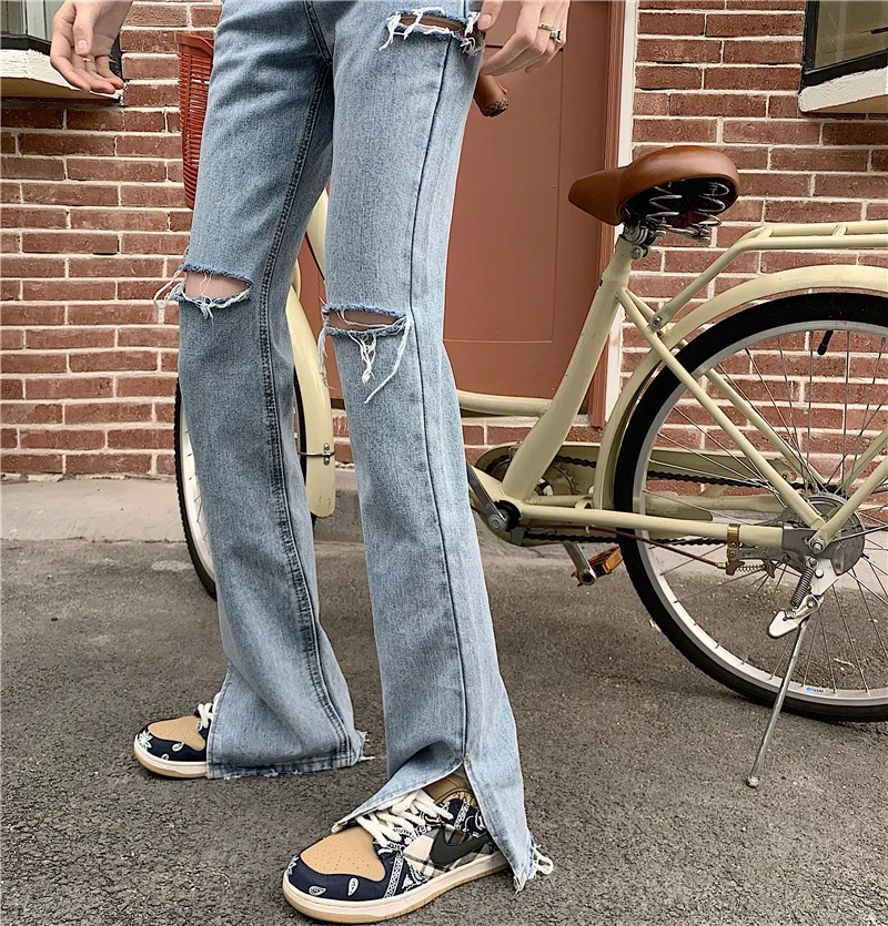 

Slit Mopping Jeans Women's Retro High Waist Slim Straight Hole Trousers Ripped Jeans for Women Straight Leg Jeans Flare Jeans