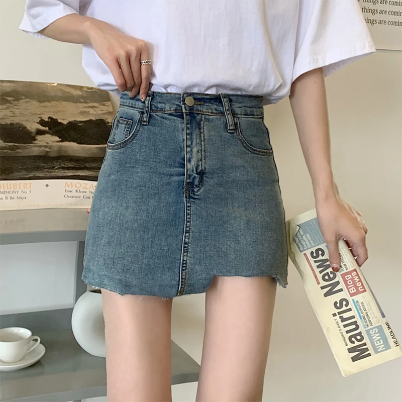 Loose Denim Short Skirt Women's Summer Blue Elastic Anti aliasing Skirt Pants Korean High Waist Washed Old Wrap Hip Notch