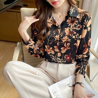 vintage floral print office shirts for women long sleeve blouses tops black button up shirt blusas brusas femininas camicette
