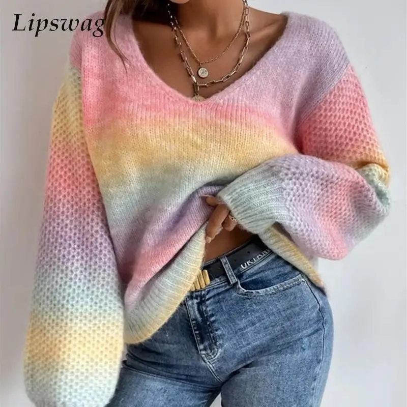 

Women Fashion Casual Loose Long Sleeve Jumper Autumn Winter Sexy V Neck Tops Pullover Elegant Rainbow Gradient Knitted Sweater