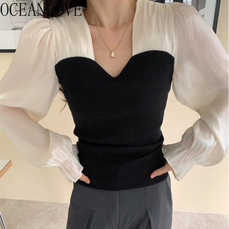 

Woman Sweaters Vintage Square Collar lare Sleeve Knitwear Tops Pull emme Patchwork Elegant Knitted Cropped Pullovers