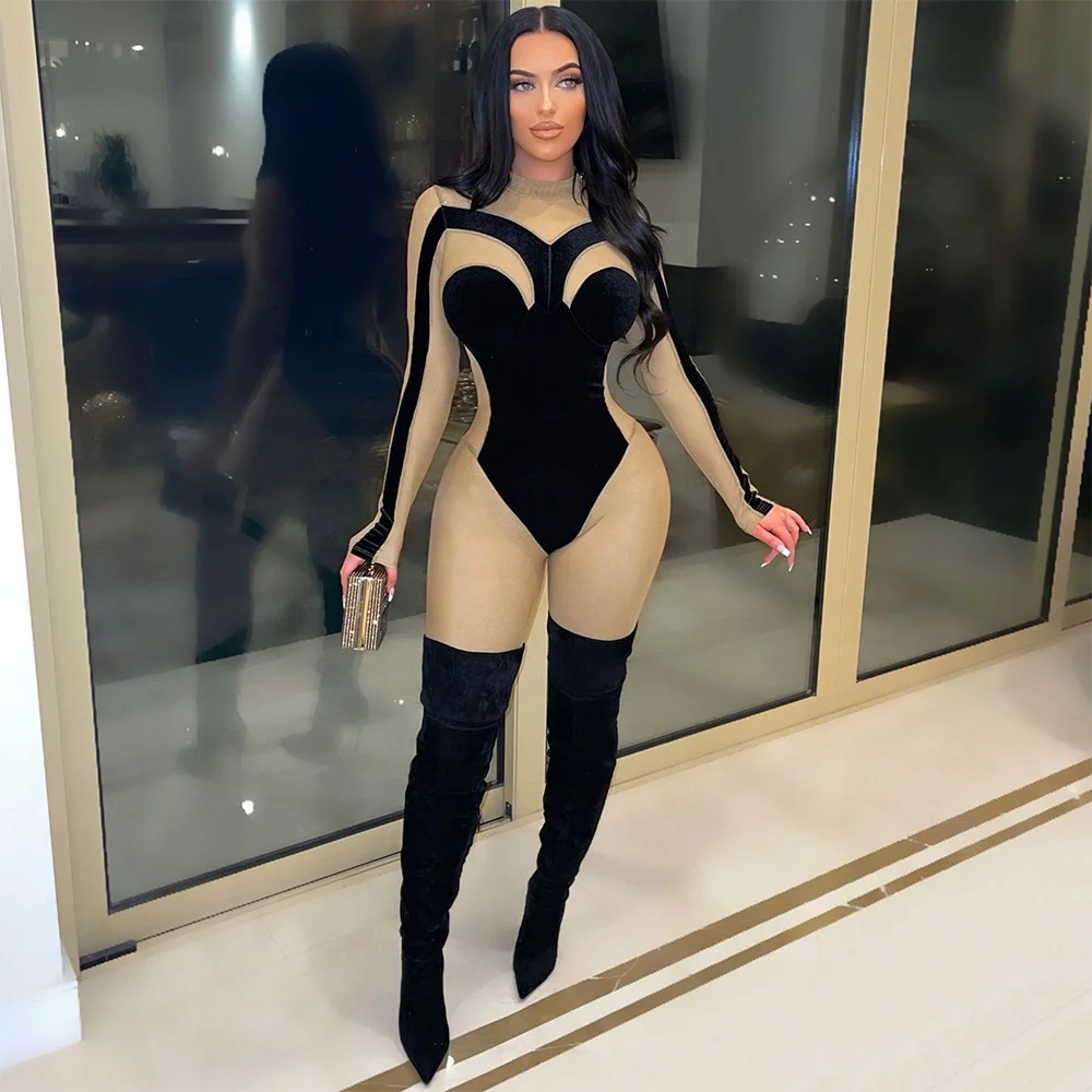 

Zoctuo Velvet Elegant Woman Jumpsuit Pacthwork Long Sleeve Turtleneck Sexy Bodycon Party Club Streewear Overalls Woman Clothing