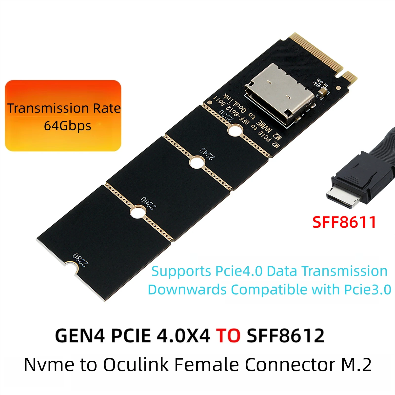 Фото Адаптер M.2 NVMe на Oculink (гнездо) SFF-8612, карта-адаптер PCIe x4 для накопителей U.2 Gen 4 №2