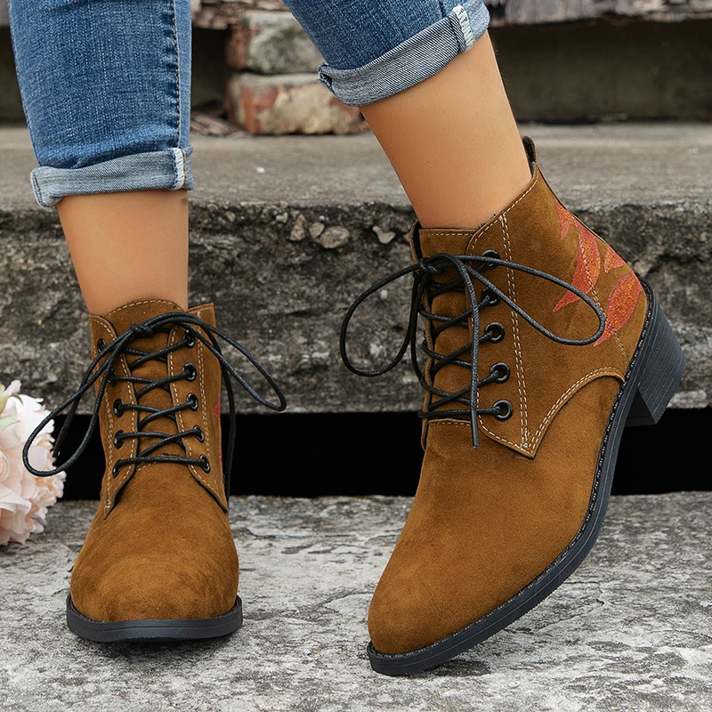 

Women's Autumn Winter Print Ankle Boots Faux Suede Lace Up Western Cowboy Boots Women Retro Brown High Heels Booties Shoes Woman